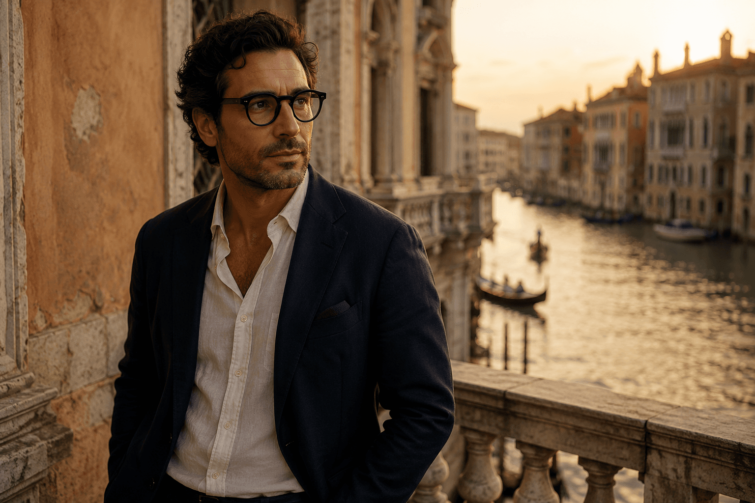 Uomo con occhiali Ottica Carraro su un balcone affacciato sul Canal Grande, Venezia
