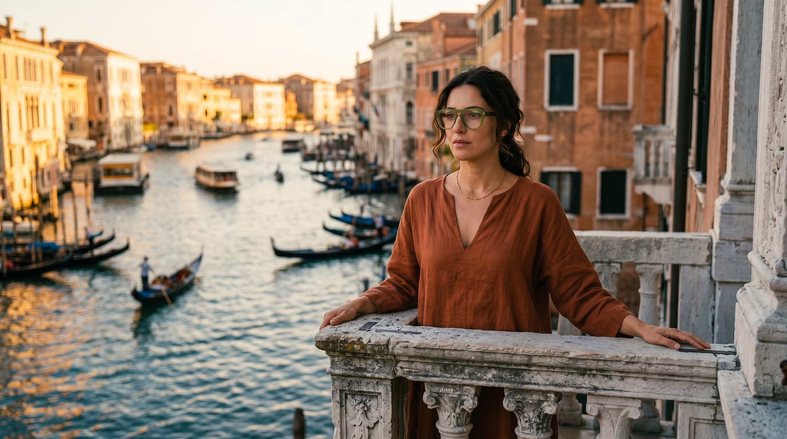 Donna con occhiali Ottica Carraro affacciata sul Canal Grande, Venezia